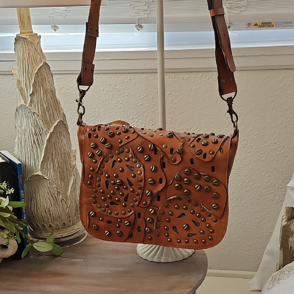 Patricia Nash Studded Tan Leather Shoulder Bag
